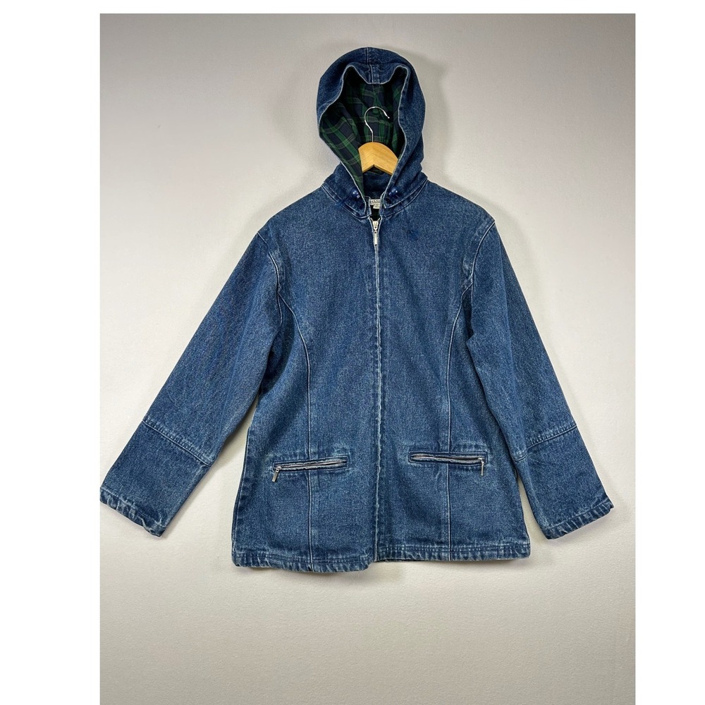 Vintage NorthStyle Denim‎ Hooded Jacket Womens M Blue Plaid Lined Cotton Coat